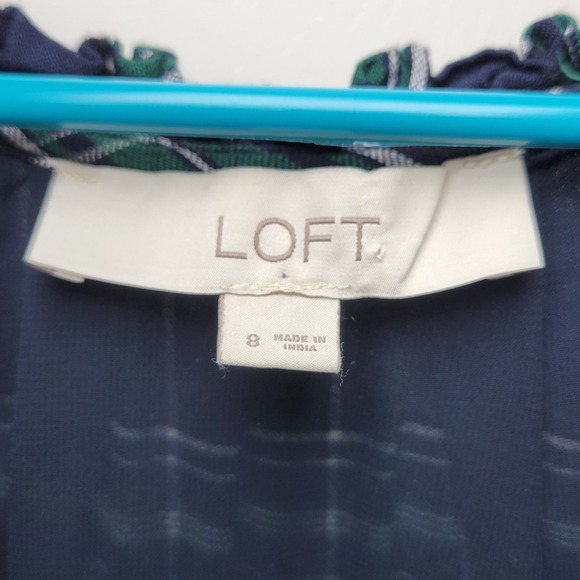 LOFT Green Plaid Tie Waist Dress Size 8 Preppy Chic Midi Ruffle Hem - Picture 4 of 11